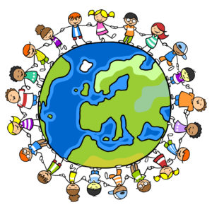 Glückliche Kinder im Kreis halten die Hände auf einer Welt voll Frieden